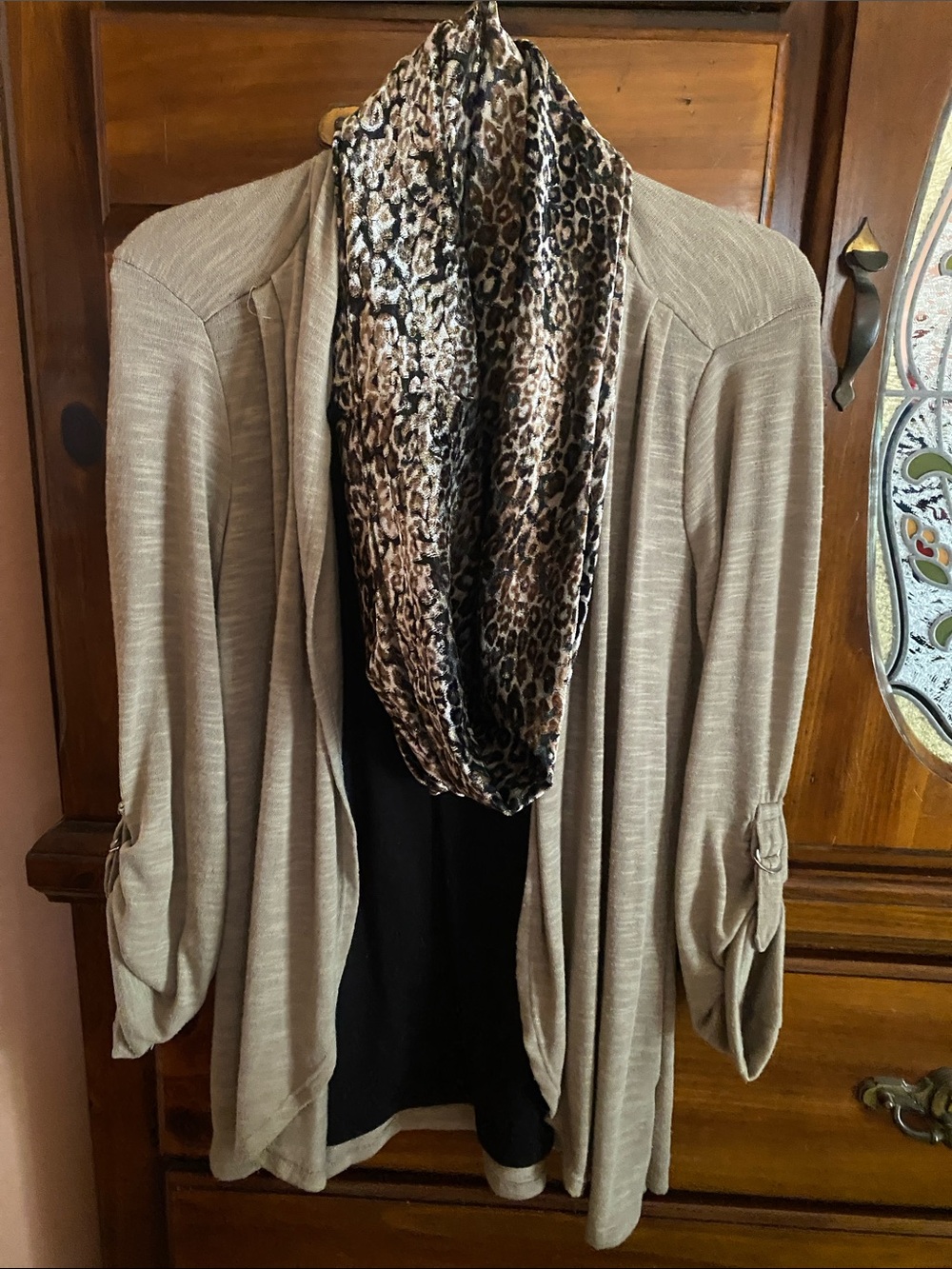 Notations Taupe Knit Open Cardigan and attached shirt.